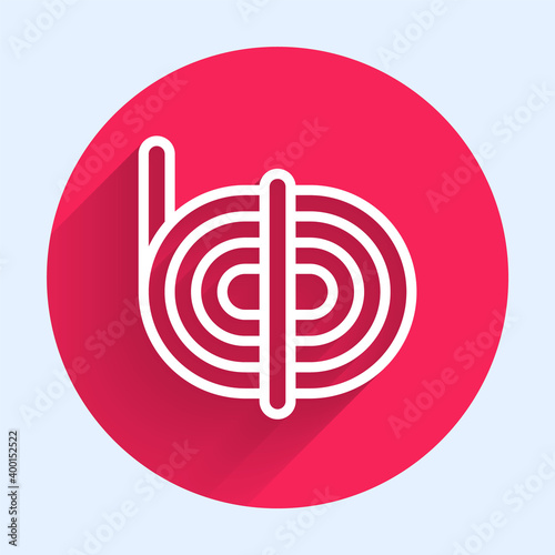 White line Climber rope icon isolated with long shadow. Extreme sport. Sport equipment. Red circle button. Vector.
