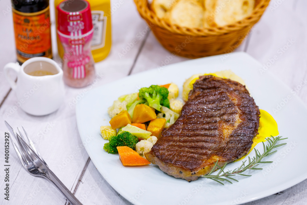 Angus beef Sirloin Steak with Pumpkin Puree and Mashed potatoes Angus beef Sirloin Steak with Pumpkin Puree and Mashed potatoes