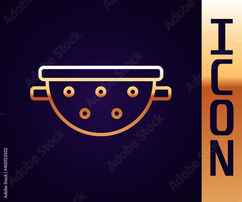 Gold line Kitchen colander icon isolated on black background. Cooking utensil. Cutlery sign. Vector.
