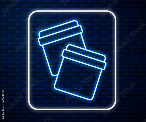 Glowing neon line Plastic bag with ziplock icon isolated on brick wall background. Vector.