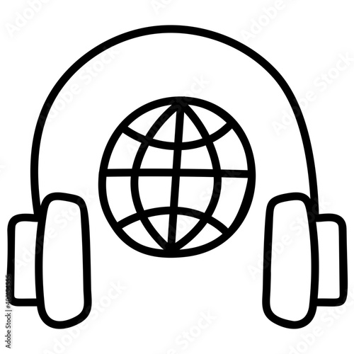 Globe inside headphone, global communication icon.