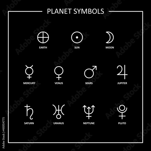 Planet symbols signs on black background. Vector