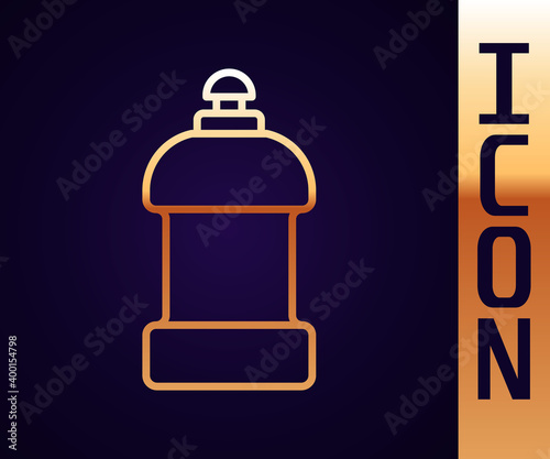 Gold line Plastic bottle for laundry detergent, bleach, dishwashing liquid or another cleaning agent icon isolated on black background. Vector.