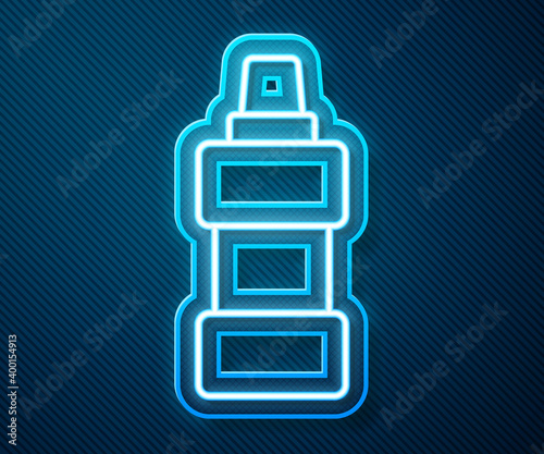 Glowing neon line Plastic bottle for laundry detergent, bleach, dishwashing liquid or another cleaning agent icon isolated on blue background. Vector.