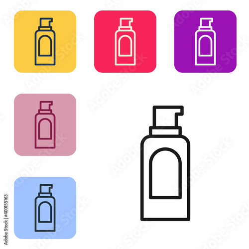 Black line Spray can for hairspray, deodorant, antiperspirant icon isolated on white background. Set icons in color square buttons. Vector.