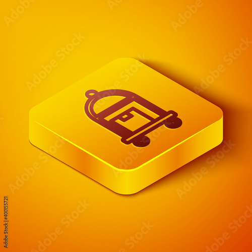 Isometric line Hotel luggage cart with suitcase icon isolated on orange background. Traveling baggage sign. Travel luggage icon. Yellow square button. Vector.