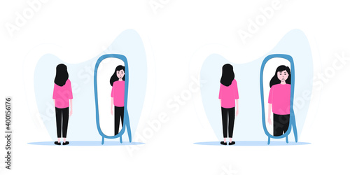 Young woman looking in mirror, feeling good and fat. Concept of diet, self esteem, eating disorder, weight loss. Simple flat vector illustration