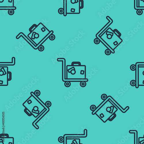 Black line Hotel luggage cart with suitcase icon isolated seamless pattern on green background. Traveling baggage sign. Travel luggage icon. Vector.