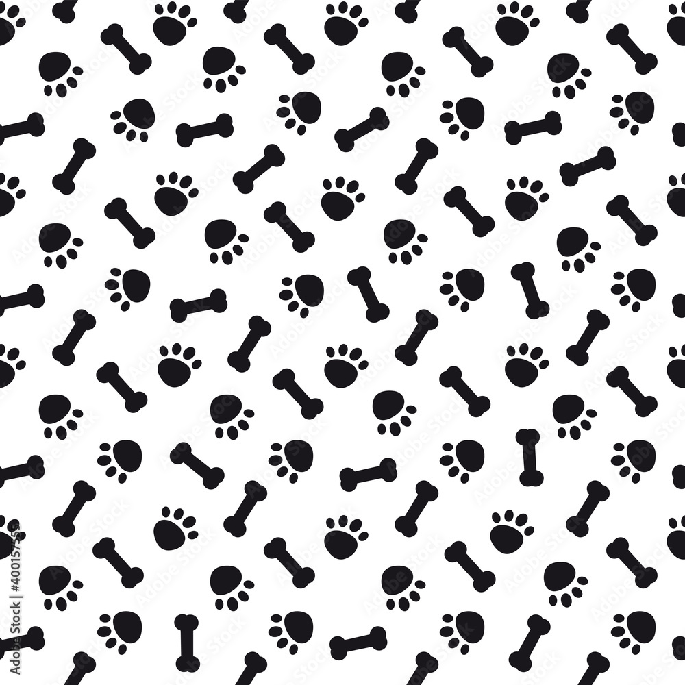 Seamless pattern with black dog paws and bones Seamless pattern with black dog paws and bones