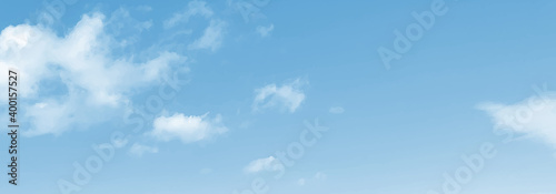 Realistic cloud and sky vector graphic image. background, web banner, web header, footer, flier, blue, green, sky, sunny, frame, copy space, vector illustration, copy space, blank, landscape,