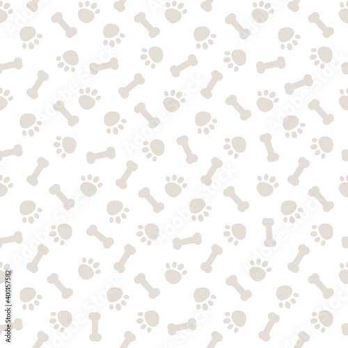 Seamless gray background pattern with dog paws and bones
