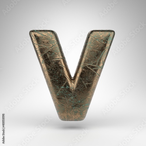 Letter V uppercase on white background. Bronze 3D letter with oxidized scratched texture.