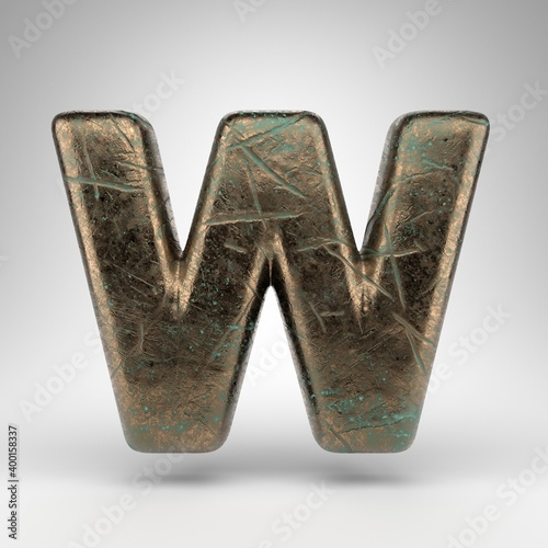 Letter W uppercase on white background. Bronze 3D letter with oxidized scratched texture.