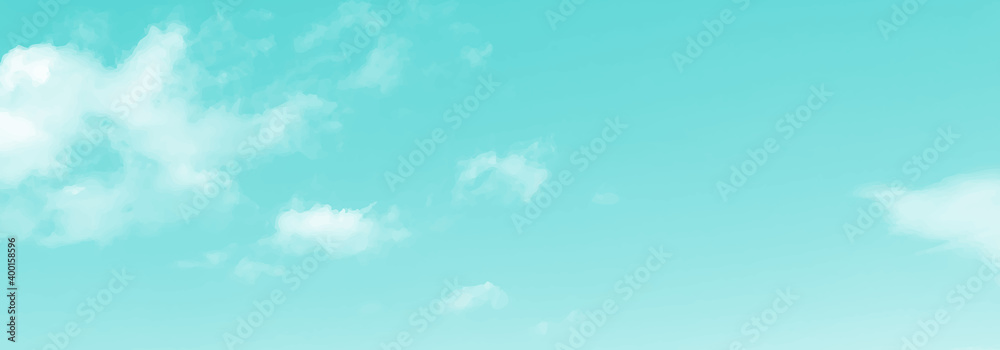 Realistic cloud and sky vector graphic image. background, web banner, web header, footer, flier, blue, green, sky, sunny, frame, copy space, vector illustration, copy space, blank, landscape, - obrazy, fototapety, plakaty 