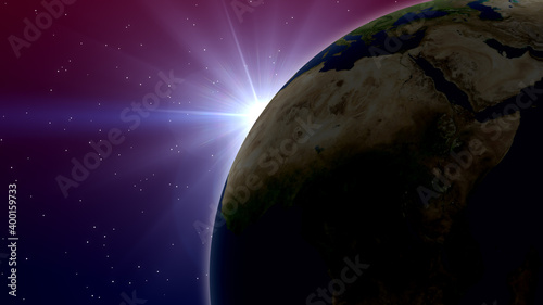 Fototapeta Naklejka Na Ścianę i Meble -  Bright White Of Sunlight Over Earth Planet In Red And Blue Starry Outer Space Background 3D Illustration