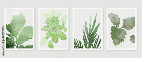 Botanical wall art vector set. Earth tone boho foliage line art drawing with  abstract shape.  Abstract Plant Art design for wall framed prints, canvas prints, poster, home decor, cover, wallpaper.