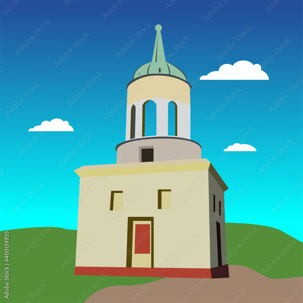Vector illustration for religious architectural design. Cartoon church building, chapel, sky, clouds, earth, grass Flat summer landscape.