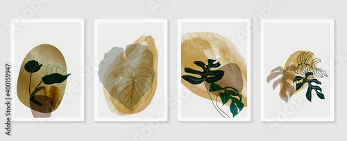 Botanical and gold abstract wall arts vector collection.  Golden and luxury pattern design with leaves line arts, Hand draw Organic shape design for wall framed prints, canvas prints, poster, home dec
