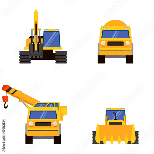 Different types of heavy machinery front view. Vehicles for executing construction tasks.