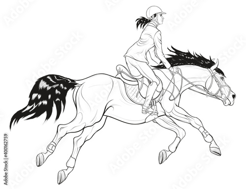 Performance at show jumping competitions. Woman dressed in jacket and breeches rides a horse. Stallion gallops with legs stretched out. Linear black and white vector clip art for equestrian clubs.