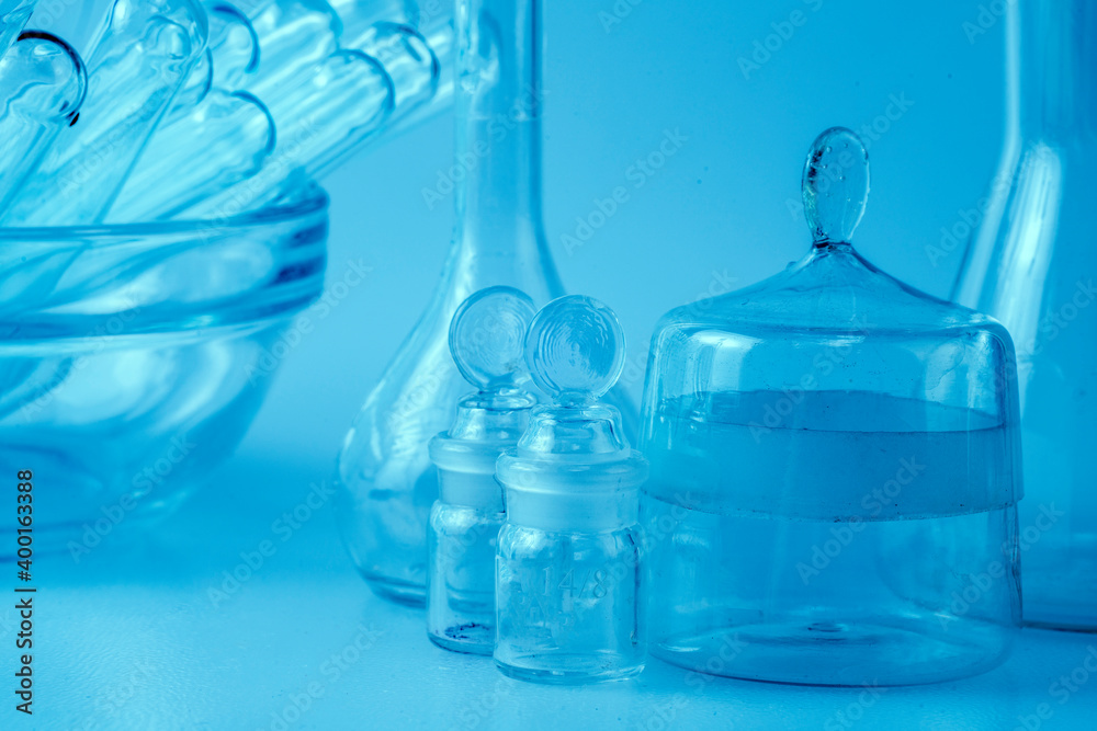 Empty flasks. Laboratory analysis equipment. Chemical laboratory, glassware test-tubes.
