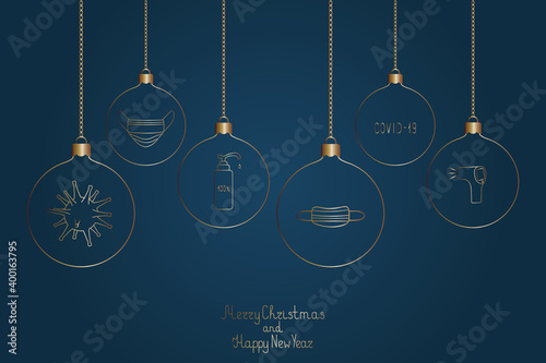 A set of Christmas tree toys decorated with medical themes. Golden ball. Festive postcard. Lettering. Merry Christmas and Happy New Year. Colored vector illustration. Isolated cyan background. 