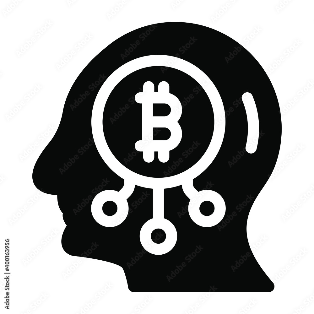 
Digital currency inside human head, solid icon of bitcoin thinker 

