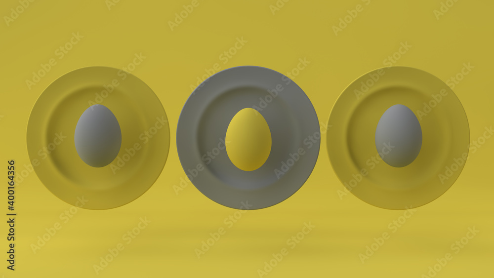 Illuminating and Ultimate Gray background. gray eggs on a yellow background. 3d rendering Illuminating and Ultimate Gray background. gray eggs on a yellow background. 3d rendering