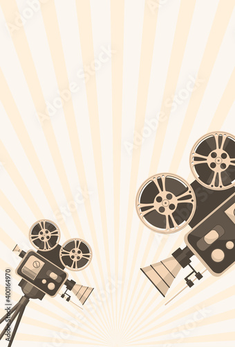 Detailed retro camera on tripod with film reels on a tripod. Cinema movie festival poster. Cinema background with place for text. Template for banner, brochure, flyer, poster. Cinematography concept.