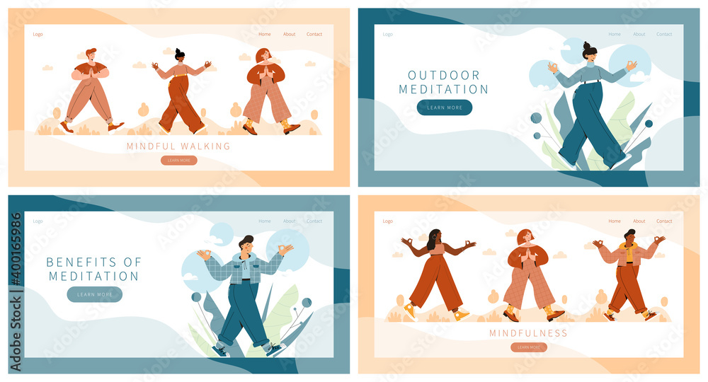 Naklejka premium Set of landing pages with people practicing mindful walking exercise in nature and leaves. Concept illustration for meditation, relax, recreation, healthy lifestyle, mindfulness practice