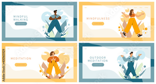 Photo Set of landing pages with people practicing mindful walking exercise in nature and leaves