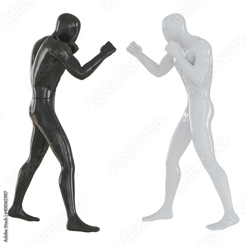 Two male mannequins black and white in a fighting stance on an isolated background. Side view. 3d rendering