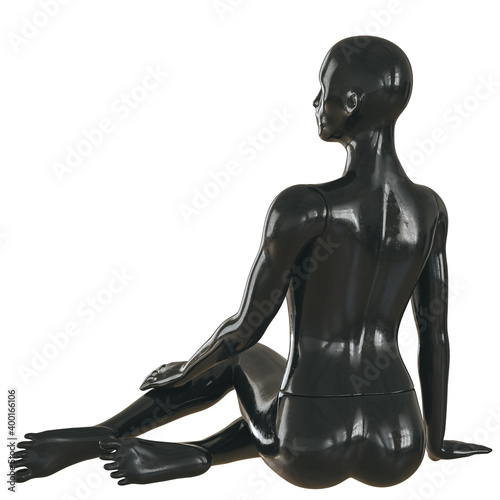 Black female naked mannequin in a seated position on a white background. Back view. 3d rendering