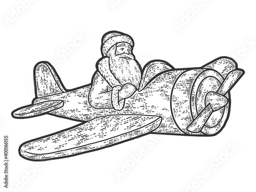 Santa Claus is flying on a plane. Engraving vector illustration.