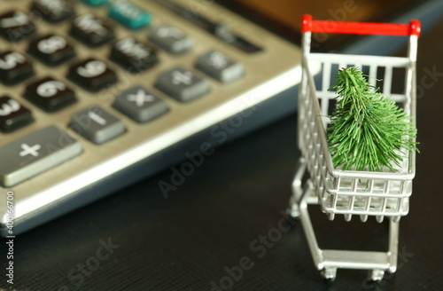 Miniature shopping cart model and christmas tree model scene represent online shopping occasion concept related idea.