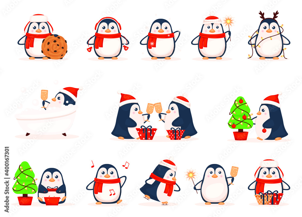 Fototapeta premium Set of Christmas penguins white background. Collection of penguins for the New Year in red knitted scarves. Merry Christmas with the penguins. Vector illustration