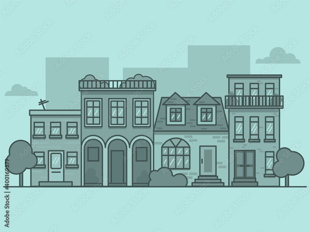 Linear cityscape with small town street with building facades various row townhouses, thin line trendy illustration. For graphic, web and motion design