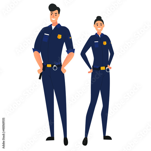 Police man and police woman, cops. Two police officers in uniform isolated on white background. Protection of citizens. Vector illustration