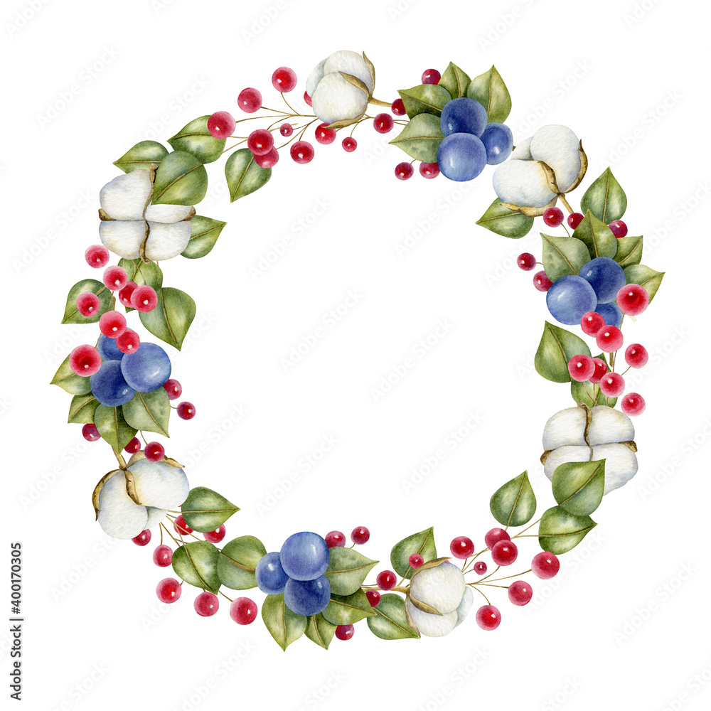 Hand drawn watercolor wreath. Botanical illustration of green branches, berries and cotton. Season mood. Floral design elements. Hand drawn watercolor wreath. Botanical illustration of green branches, berries and cotton. Season mood. Floral design elements.