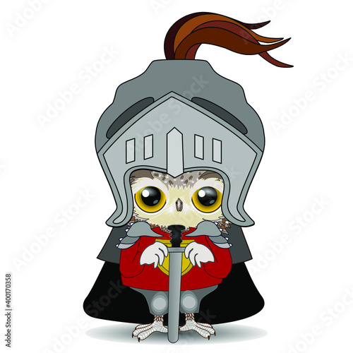 emoji with medieval owl knight in shining armor with helmet and shell drawing his sword at the opponent for a fight or duel, colored vector emoticon