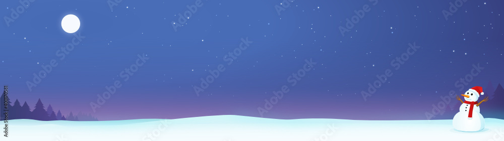 Christmas snowman in a snowy landscape on a starry night