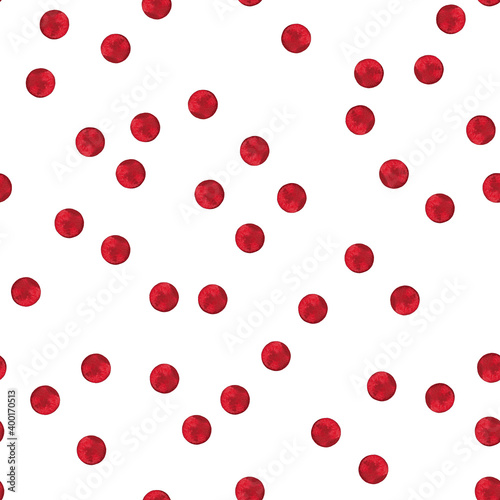Seamless pattern of red dots in chaotic order. Christmas, Birthday, Valentine decoration background, wrapping paper, textile texture. Watercolor hand drawn isolated elements on white background.