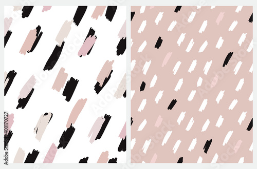 Abstract Animal Skin Print. Irregular Brush Spots Isolated on a White and Dusty Pink Background. Hand Drawn Geometric Semaless Vector Patterns Set. Black, White and Pale Pink Stains. Doodle Backdrop.