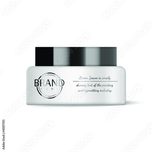 Cosmetic jar isolated on white background. Plastic white jar with black lid for lation oil cream. Ready mock up template for design. Vector illustration