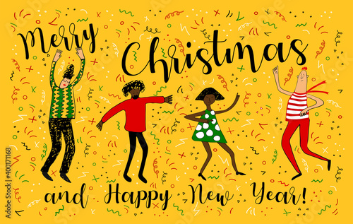 Christmas and New Year party concept on yellow background. Vector