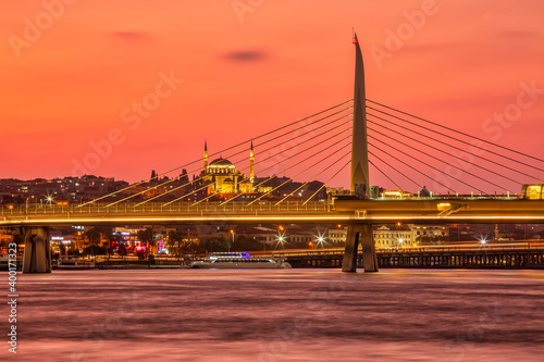 Colorful eveniong on the banks of the Bay of Golden Horn in Istanbul, Tirkey