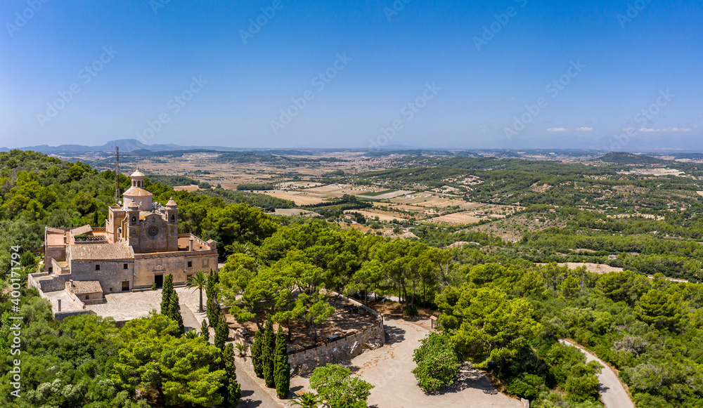 Aerial view, Santuari de Bonany monastery, near Petra,  Mallorca, Balearic Islands, Spain