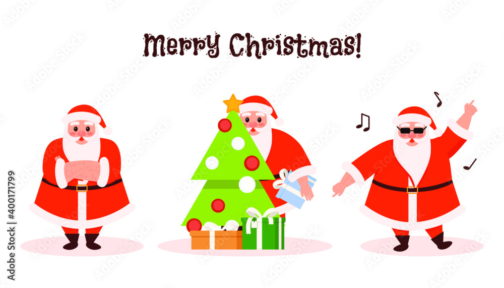 Santa collection for Christmas and New Year. Santa Claus is decorating the Christmas tree and dancing. Set of Santa Claus on a white background. Vector illustration Santa collection for Christmas and New Year. Santa Claus is decorating the Christmas tree and dancing. Set of Santa Claus on a white background. Vector illustration