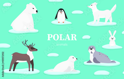 New Year and Christmas 2021 together with polar animals. Collection of sea animals on ice floes around the inscription: penguin, hare, fur seal, wolf, deer, bear, seal, walrus. Vector illustration