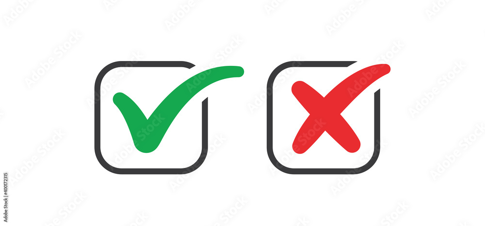 Check mark icons. Green tick and red x. Approval and decline symbols. Check mark icons. Green tick and red x. Approval and decline symbols.